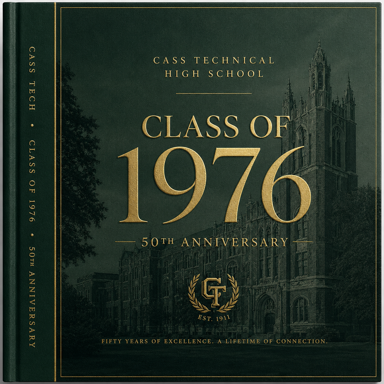 Green and gold Cass Technical High School Class of 1976 50th Anniversary commemorative photo-book cover