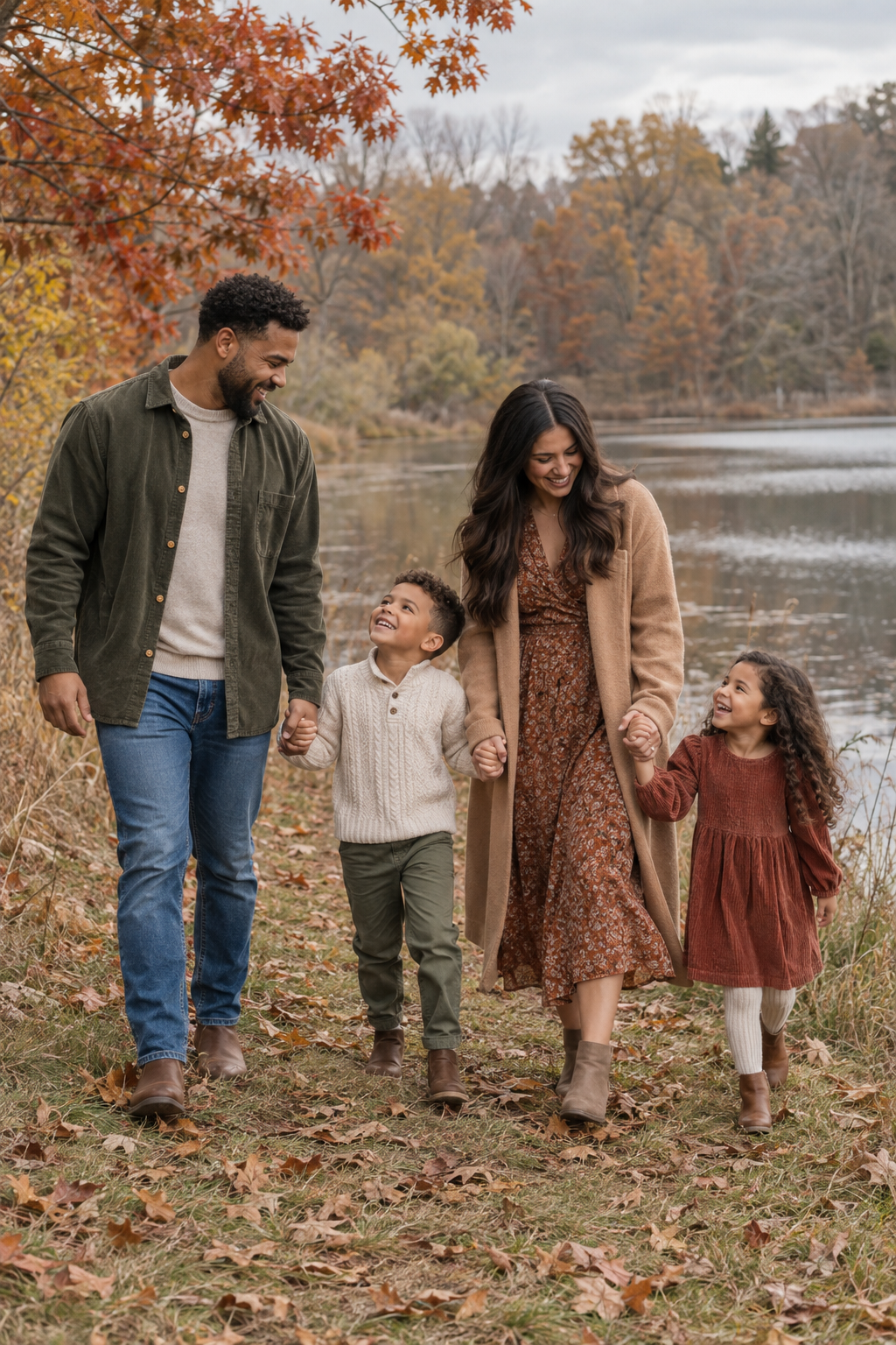 A family of four walking together beside a pond in autumn