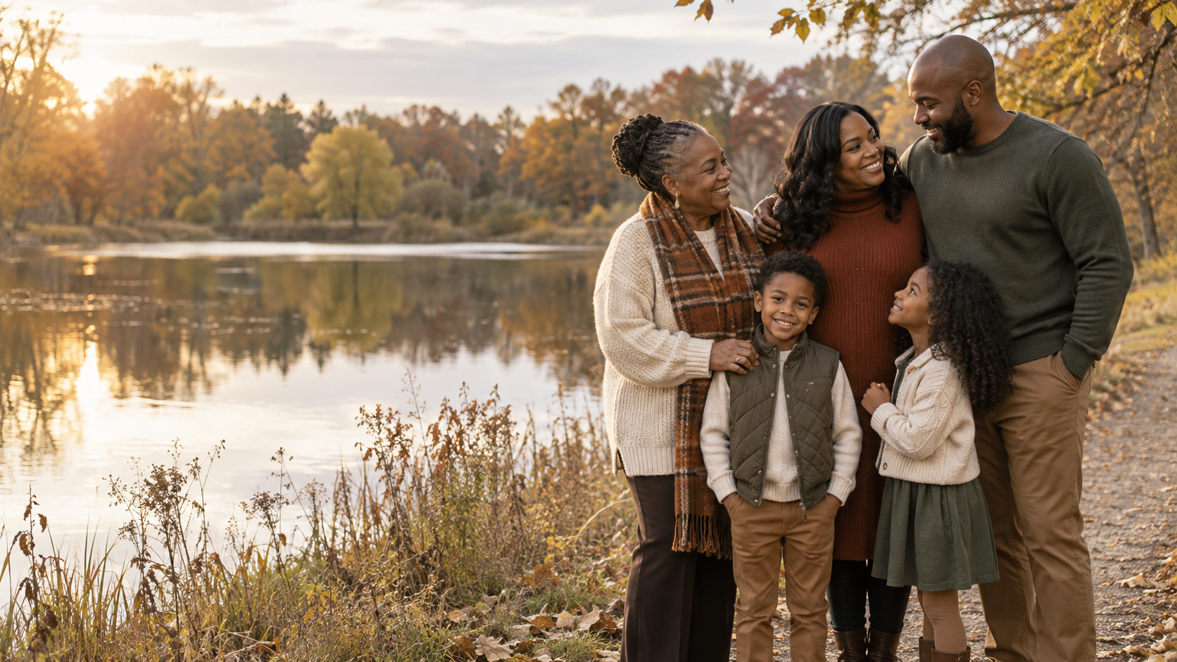 A family sharing a warm fall moment beside a calm pond